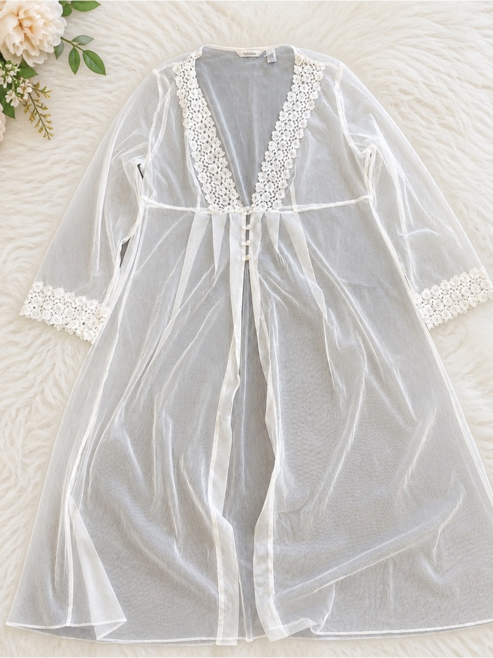 Vintage Y2K Delicates Sheer Mesh Lace Peignoir Robe White 1X Plus Size Bridal